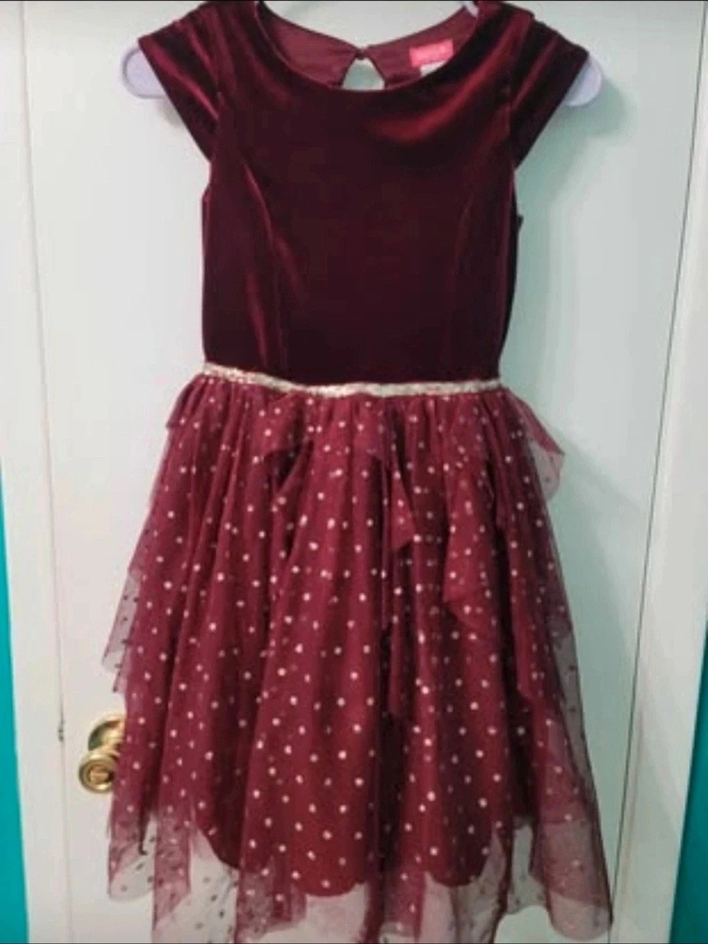 Zunie Burgundy Velvet & Polka Dot Tulle Party Dress